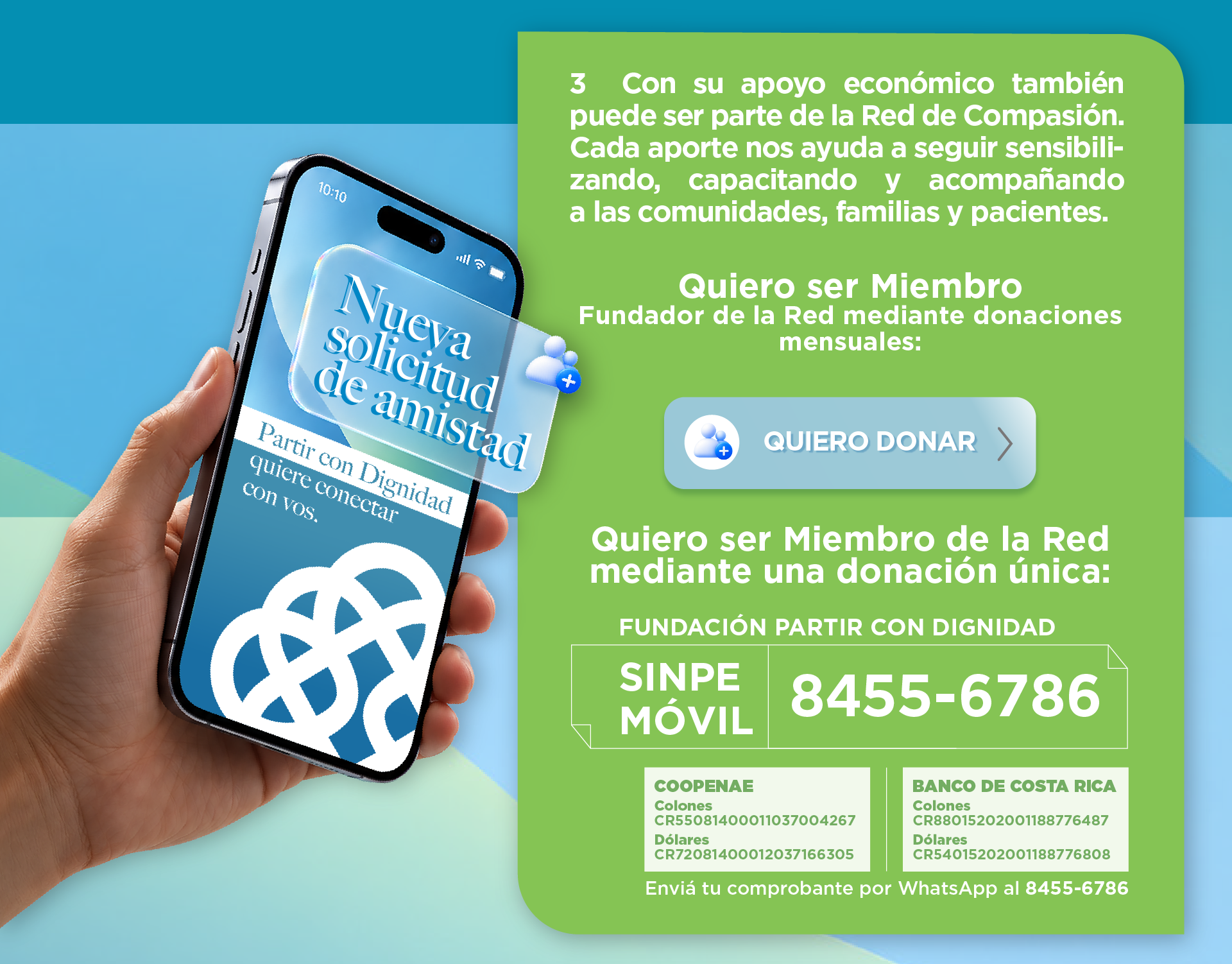 Apoyo económico a la Red de Compasión: donación mensual o única, SINPE Móvil 8455-6786